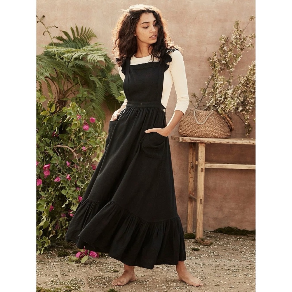 NEW Doen Peninsula Pinafore Dress (Sz L) Silk Linen Ruffle Apron Bib Maxi Black